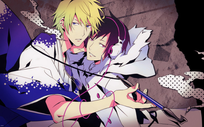 Обои картинки фото аниме, dyurarara, izaya, orihara, парень, наушника, мунштук