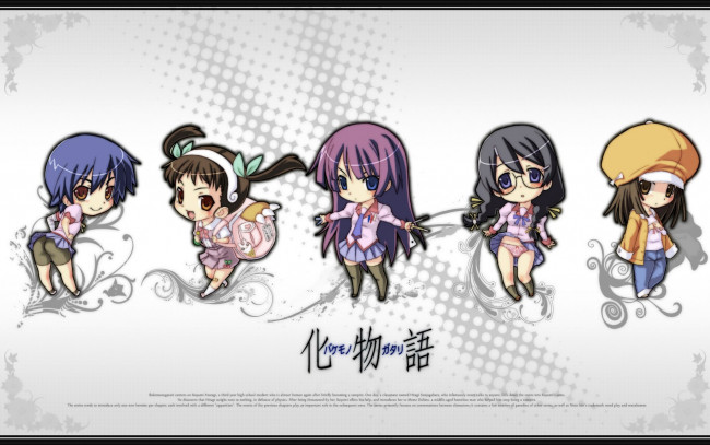 Обои картинки фото bakemonogatari, аниме, senjougahara hitagi, девушка, форма, инструменты, kanbaru suruga, бинт, шорты, hachikuji mayoi, портфель, бант, лента, sengoku nadeko, шляпа, пиджак, hanekawa tsubasa, очки, косички