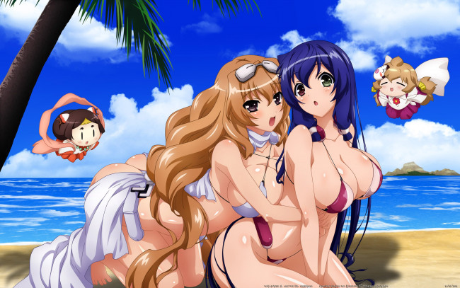 Обои картинки фото kyoukai, senjou, no, horizon, аниме, kyoukaisen, jou, kimi, aoi, asama, tomo, пляж, девушки, купальник, пальма, море