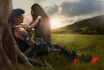 Картинка 3д графика romance пара байкеры природа