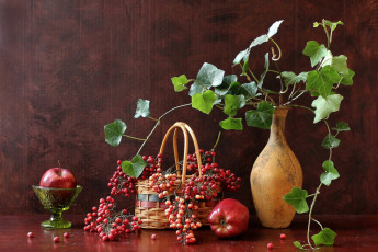 Картинка еда натюрморт яблоки ягоды плющ кувшин