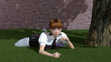 Картинка 3д графика people люди дракон фея трава стена девушка