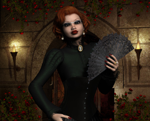 Обои картинки фото 3д графика, люди , people, цветы, веер, рыжая, очки, фон, взгляд, девушка