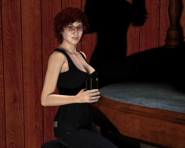 Обои картинки фото 3д графика, люди , people, рыжая, вино, взгляд, девушка