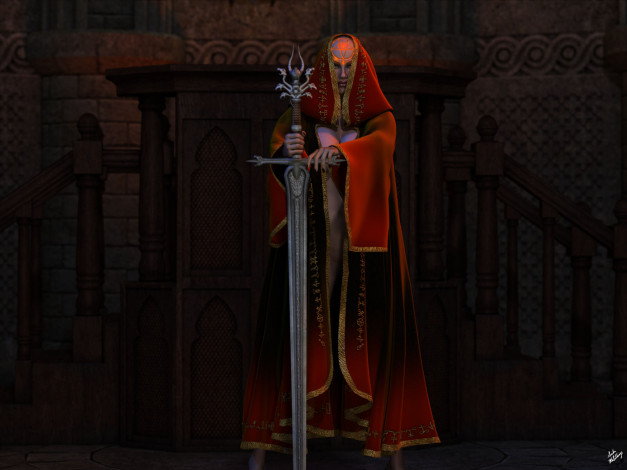 Обои картинки фото 3д графика, фантазия , fantasy, меч, накидка, фон, взгляд, девушка