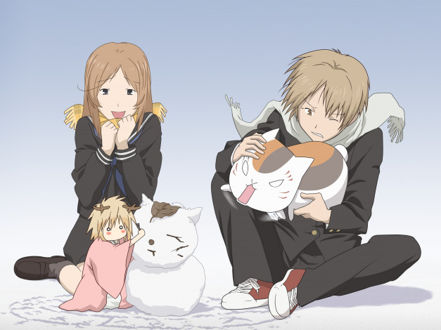 Обои картинки фото аниме, natsume yuujinchou, парень, taki, tooru, tama, девушка, снеговик, екай, кот, няко-сенсей, natsume, takashi, тетрадь, дружбы, нацумэ, арт, yuujinchou, madara
