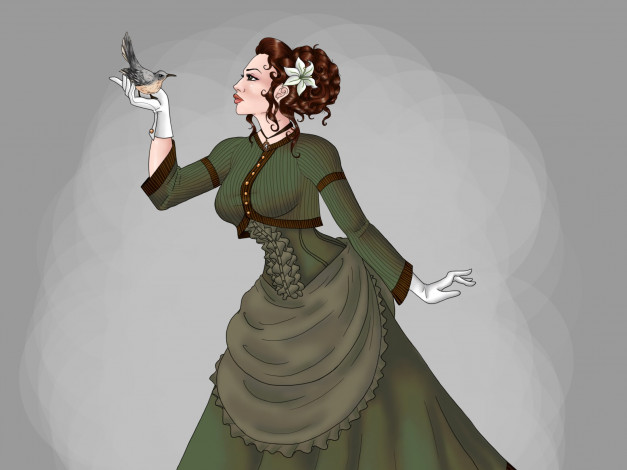 Обои картинки фото рисованные, люди, взгляд, девушка, птичка, фон