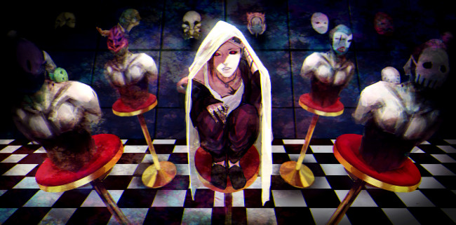 Обои картинки фото аниме, tokyo ghoul, маски, манекены, арт, парень, uta, токийский, гуль, tokyo, ghoul, sai, ichirou