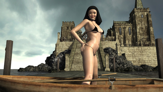 Обои картинки фото 3д графика, люди , people, монашка, девушка, взгляд, лодка