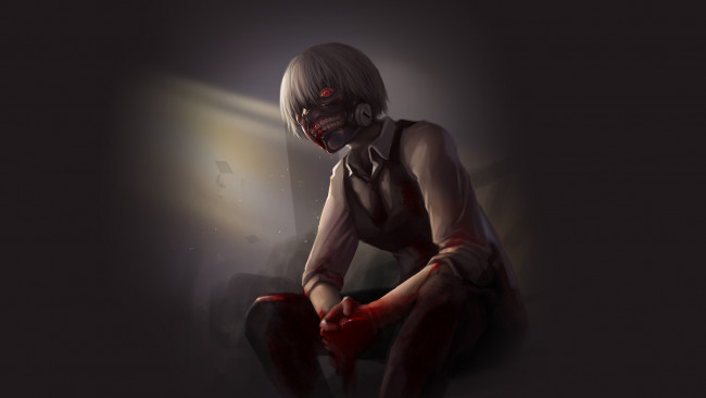 Обои картинки фото аниме, tokyo ghoul, tokyo, ghoul, токийский, гуль, kaneki, ken, канеки, кен, взгляд, маска, красный, глаз, белые, волосы, кровь, anime
