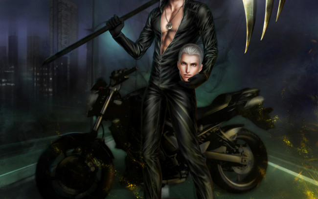 Обои картинки фото аниме, naruto, art, zetsuai89, hidan, akatsuki, наруто, парень, мотоцикл, коса