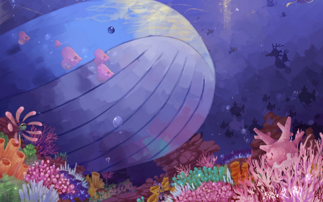 Обои картинки фото аниме, pokemon, кит, рыбы, океан, покемоны, кораллы, арт