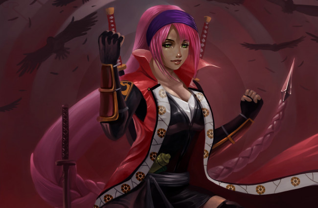 Обои картинки фото видео игры, ~~~другое~~~, ninja, saga, арт, оружие, вороны, девушка