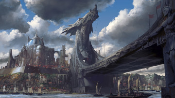 Картинка фэнтези иные+миры +иные+времена река мост город мир иной облака