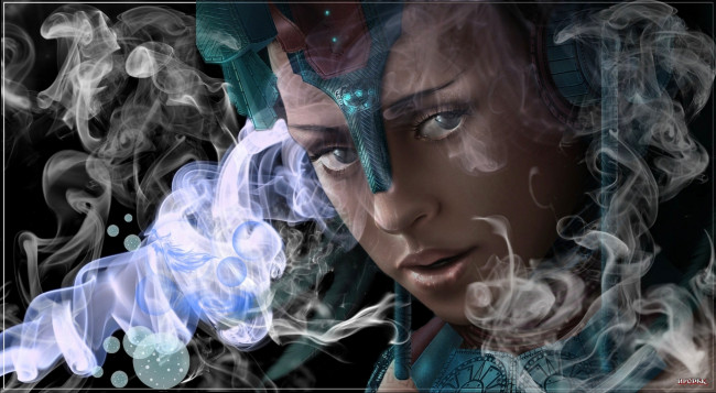 Обои картинки фото фэнтези, девушки, украшения, дым, девушка, взгляд