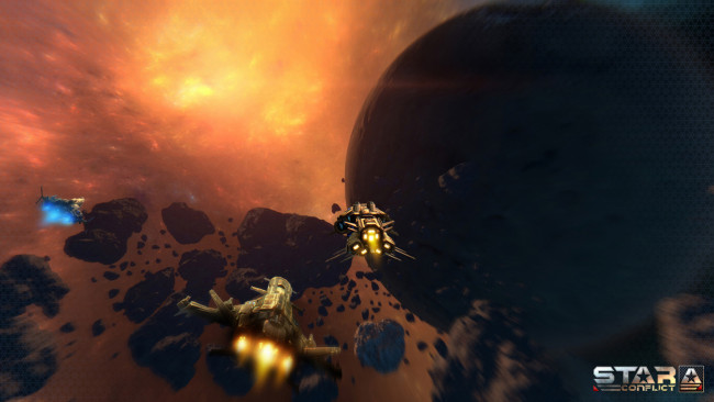 Обои картинки фото видео игры, star conflict, космический, корабль, полет, метеориты, планета, вселенная