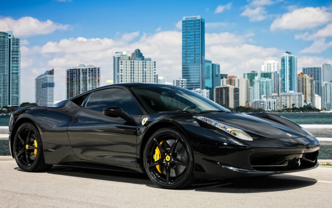 Обои картинки фото автомобили, ferrari, автомобиль, чёрный, город, black, italia, 458