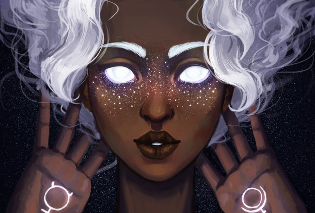 Обои картинки фото фэнтези, девушки, space, art, ладони, арт, лицо, девушка, ajgiel