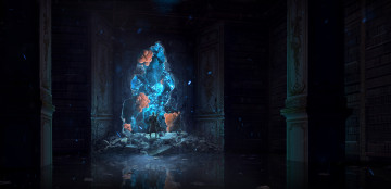 Картинка фэнтези иные+миры +иные+времена темно проем зал камни колонны человек