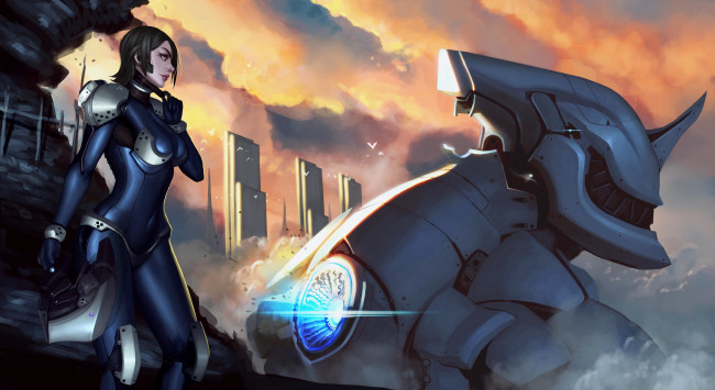 Обои картинки фото фэнтези, роботы,  киборги,  механизмы, меха, арт, шлем, город, гигантский, девушка, робот, облака