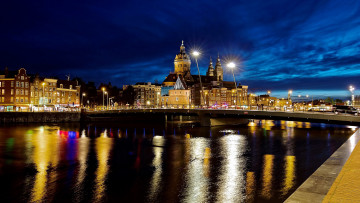 Картинка города амстердам+ нидерланды огни вечер канал