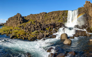 Картинка oxararfoss+waterfall +iceland природа водопады iceland oxararfoss waterfall