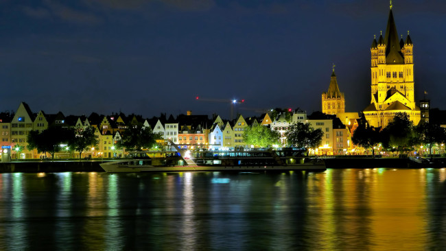 Обои картинки фото города, кельн , германия, вечер, река, огни