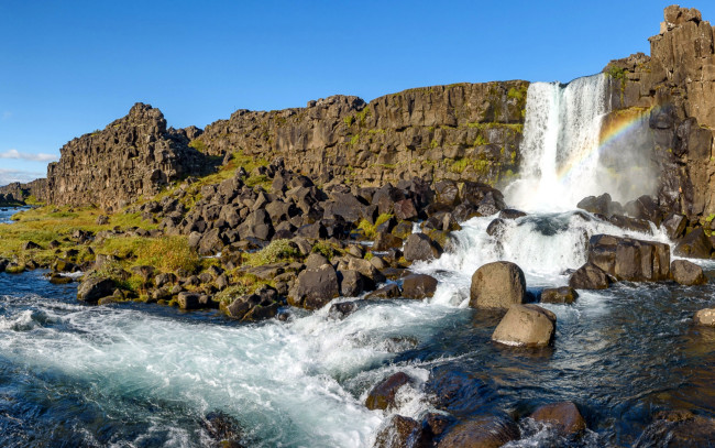 Обои картинки фото oxararfoss waterfall,  iceland, природа, водопады, iceland, oxararfoss, waterfall