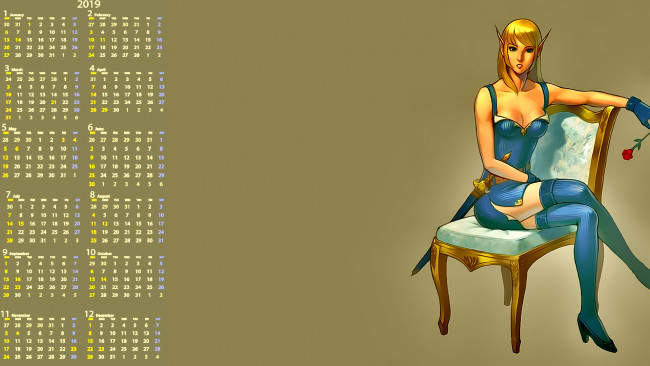Обои картинки фото календари, фэнтези, девушка, стул, оружие, цветок