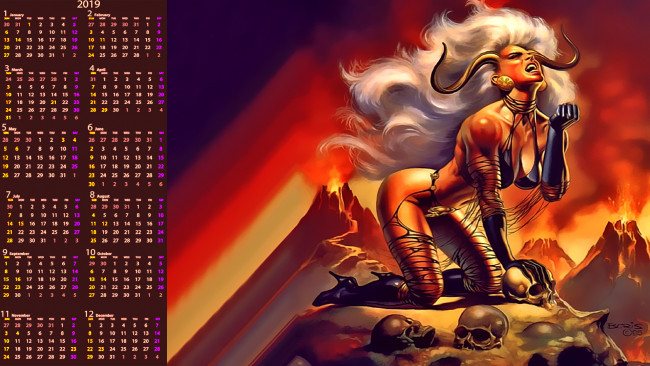 Обои картинки фото календари, фэнтези, женщина, эмоции, череп, рога