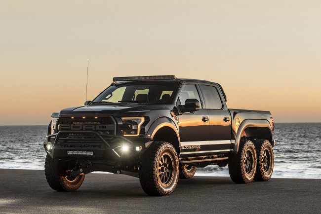 Обои картинки фото 2018 ford hennessey velociraptor 6x6, автомобили, ford, hennessey, velociraptor, 6x6, американские, черный, 2018, форд, пикап, побережье, внедорожник