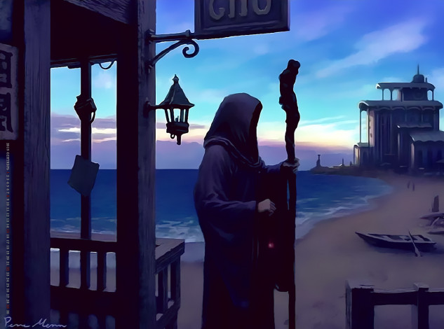 Обои картинки фото календари, фэнтези, 2019, calendar, здание, посох, водоем, капюшон