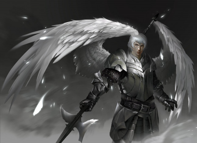 Обои картинки фото фэнтези, ангелы, взгляд, крылья, латы, фон, мужчина
