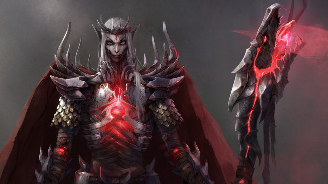 Обои картинки фото фэнтези, эльфы, посох, латы, взгляд, фон, существо