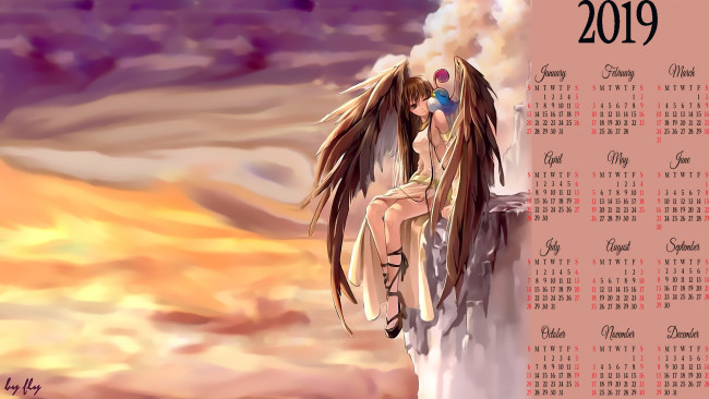 Обои картинки фото календари, фэнтези, крылья, девушка, птица, calendar, 2019