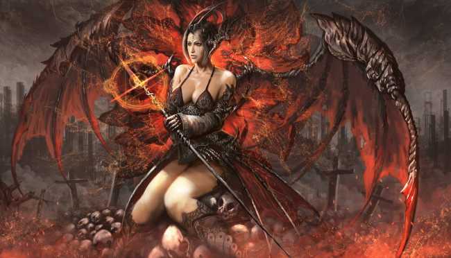 Обои картинки фото фэнтези, демоны, взгляд, фон, девушка, посох, крылья