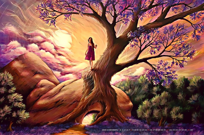 Обои картинки фото календари, фэнтези, 2019, calendar, растение, дерево, природа, девушка