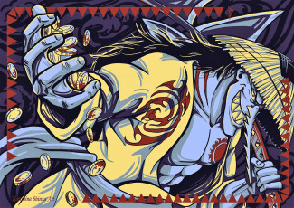 обоя аниме, one piece, человек, нос, монеты, шляпа, меч