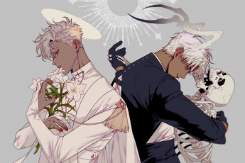 Картинка аниме ангелы +демоны ангел демон цветы скелет