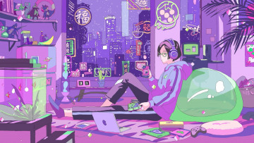 Картинка аниме город +улицы +интерьер +здания девочка гаджеты комната окно