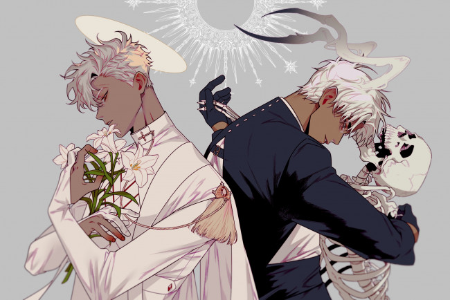 Обои картинки фото аниме, ангелы,  демоны, ангел, демон, цветы, скелет