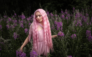 Картинка девушки -+рыжеволосые+и+разноцветные кипрей цветы розовые волосы