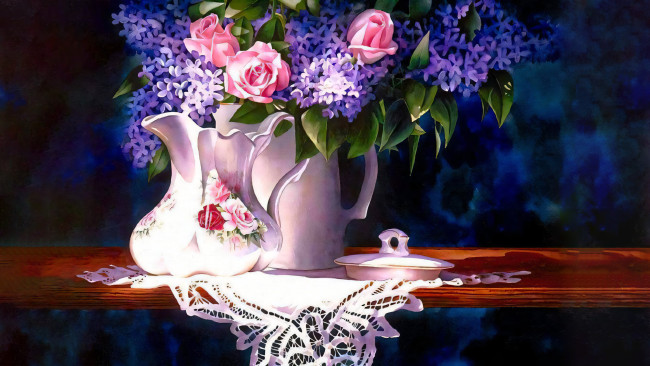 Обои картинки фото 295660, рисованное, цветы, ваза
