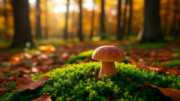 Картинка 3д+графика природа+ nature лес мох осень листья гриб боровик