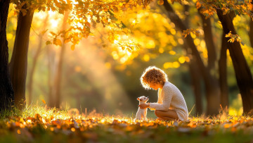 обоя разное, дети, девочка, щенок, осень, парк, листья