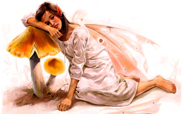 обоя фэнтези, феи, девочка, фея, платье, крылья, грибы