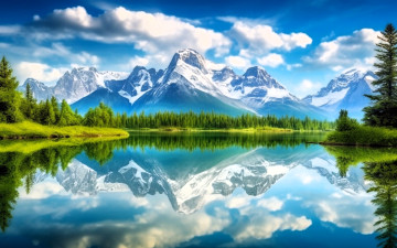 обоя рисованное, природа, небо, облака, горы, озеро, лес, снег, отражение