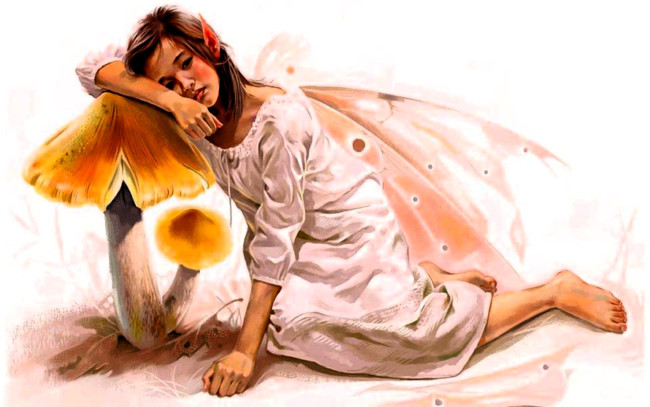 Обои картинки фото фэнтези, феи, девочка, фея, платье, крылья, грибы