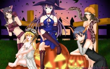 Картинка bakemonogatari аниме oshino+shinobu senjougahara+hitagi kanbaru+suruga hanekawa+tsubasa sengoku+nadeko девушки halloween змея шляпа рога шлем ушки платье бинт тыква летучие+мыши