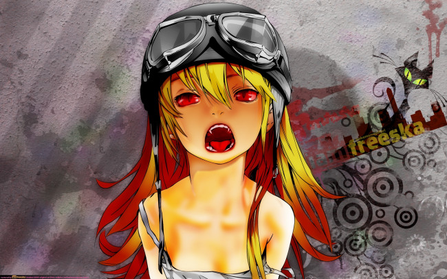 Обои картинки фото аниме, bakemonogatari, oshino shinobu, девушка, платье, шлем, клыки, надпись